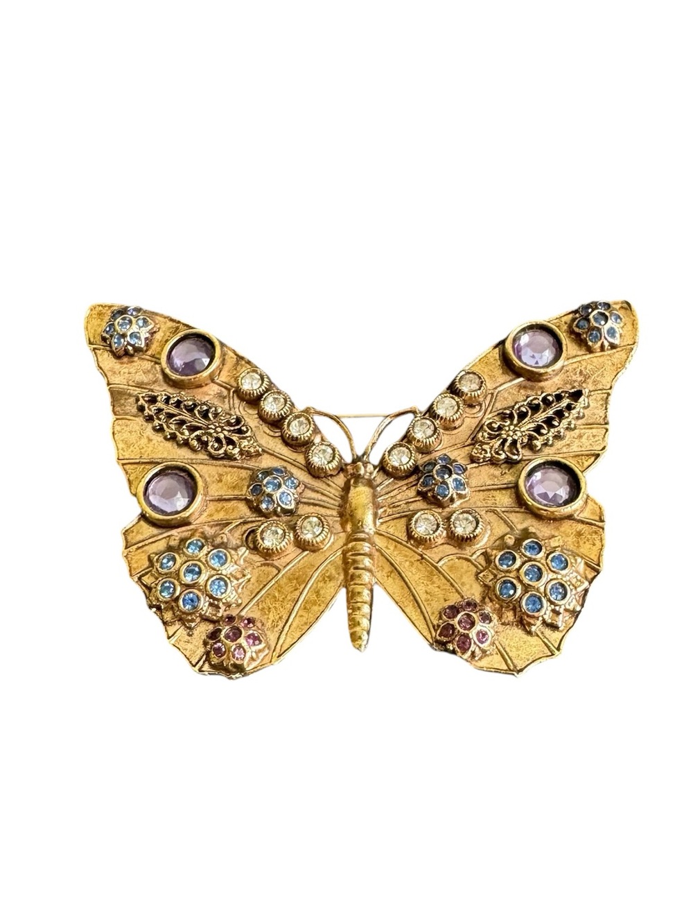 Vintage XL Butterfly Brooch Gold Tone Victorian Style Huge Ornate Rhinestone Pin